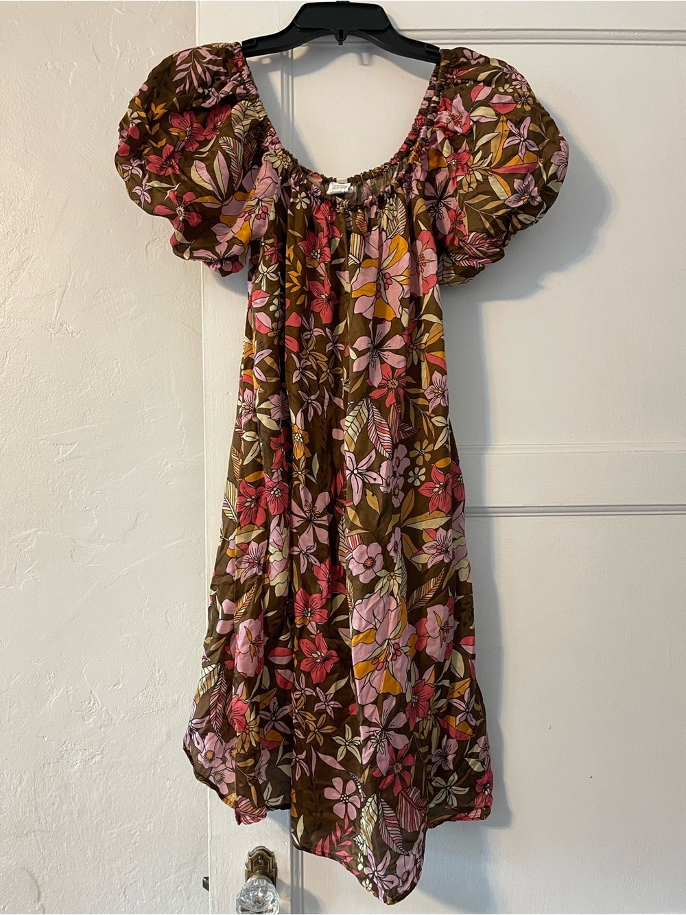 Gottex silk blend Brown Floral Mini Dress with Pink and Orange Accents